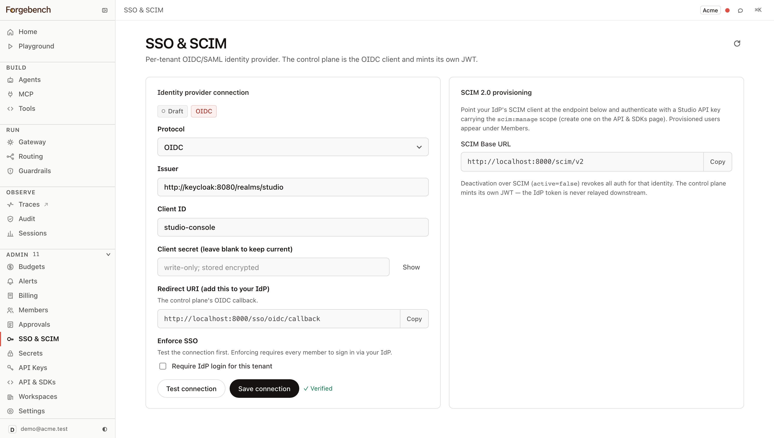 OIDC connection configured and tested — Enforce SSO stays disabled until the test passes